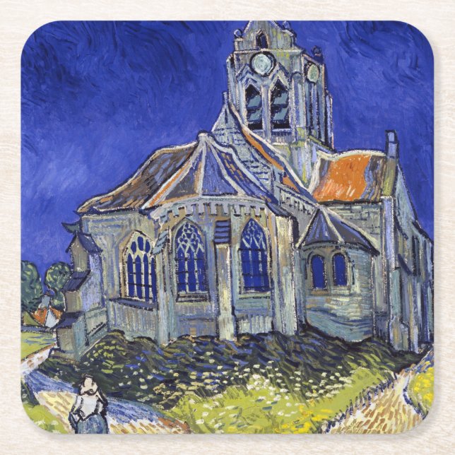 Porta-copo De Papel Quadrado A Igreja em Auvers, Van Gogh (Frente)