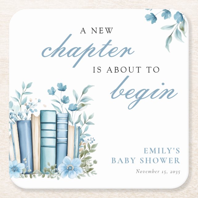 Porta-copo De Papel Quadrado A New Chapter Blue Baby Shower (Frente)