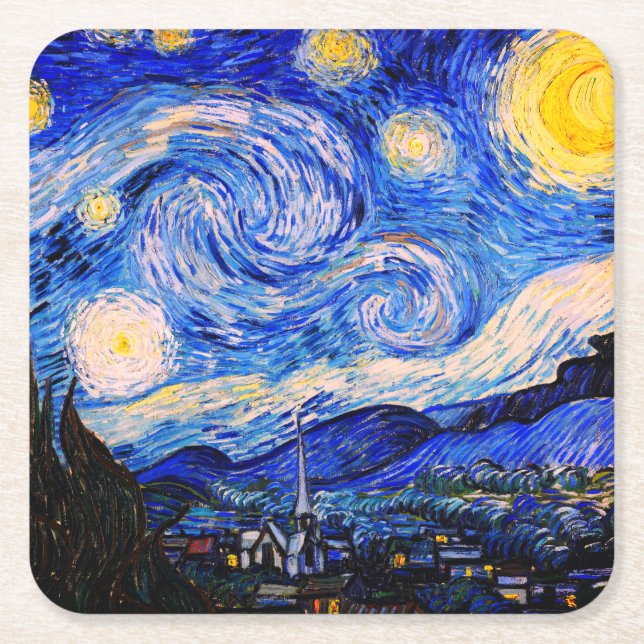 Porta-copo De Papel Quadrado A Noite Estrelada de Vincent Van Gogh (Frente)