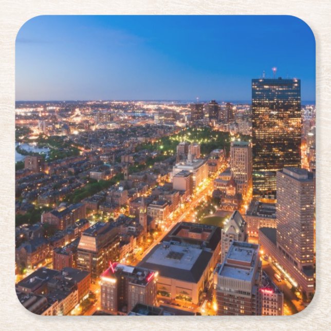 Porta-copo De Papel Quadrado A skyline de Boston no crepúsculo (Frente)