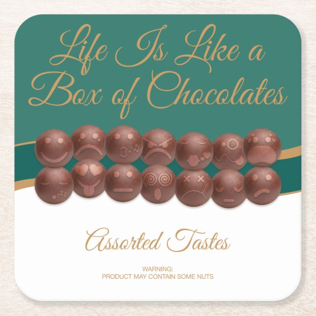 Porta-copo De Papel Quadrado A Vida é Como uma Caixa de Chocolates (Frente)