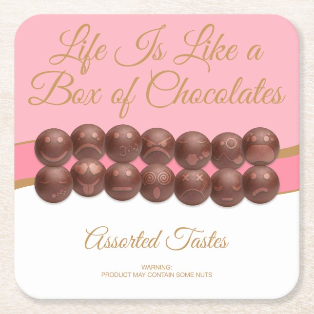 Porta-copo De Papel Quadrado A Vida é Como uma Caixa de Chocolates (Frente)