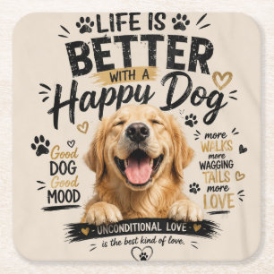 Porta-copo De Papel Quadrado A Vida é Melhor Com Design de Cães Felizes