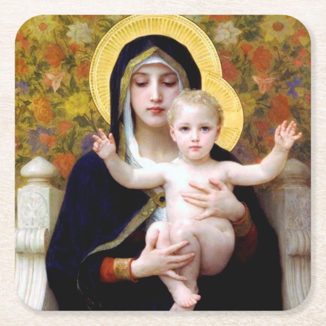 Porta-copo De Papel Quadrado A Virgem da Lily, Bouguereau (Frente)
