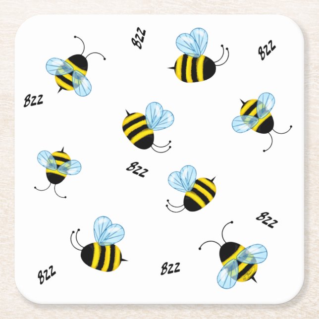 Porta-copo De Papel Quadrado Abelhas Buzzing Cute Honeybee (Frente)