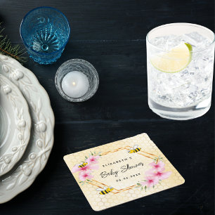 Porta-copo De Papel Quadrado Abelhas-chás de fraldas flores cor-de-rosa