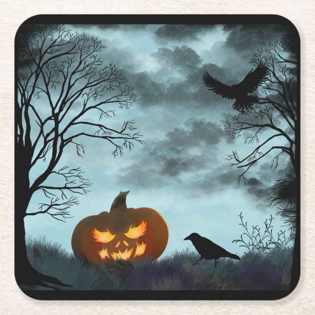 Porta-copo De Papel Quadrado Abóbora-das-bruxas e raven (Frente)
