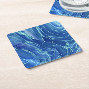 Porta-copo De Papel Quadrado Abstração Acrílica de Mármore Azul e Branco