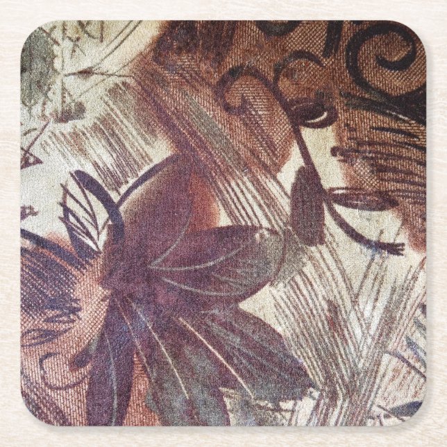 Porta-copo De Papel Quadrado Abstrato Brown Floral Design 1 (Frente)