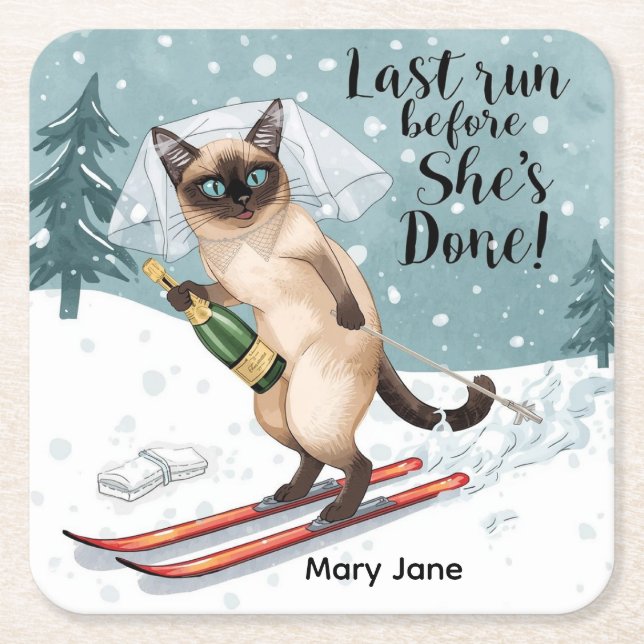 Porta-copo De Papel Quadrado Adesivo de Despedida de Solteira de Esqui Noiva na (Frente)