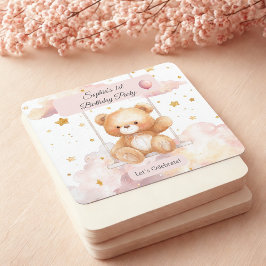 Porta-copo De Papel Quadrado Adorable Teddy Bear Birthday – Custom Coaster
