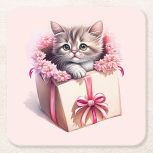 Porta-copo De Papel Quadrado Adorável Kitten em uma Caixa Aniversário Presente