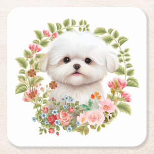 Porta-copo De Papel Quadrado Adorável Maltês Puppy em Blogue, amante Maltês de