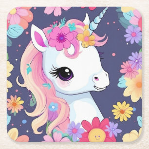 Porta-copo De Papel Quadrado Adorável White Baby Unicorn com Flores