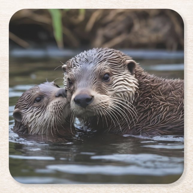 Porta-copo De Papel Quadrado **"Adrift in Love: Mummy and Baby Otter"** (Frente)