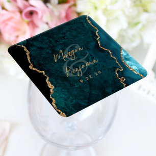 Porta-copo De Papel Quadrado Ágata Azul Turquesa Dourado Casamento Script