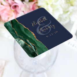 Porta-copo De Papel Quadrado Ágata Esmeralda Verde Dourado Script Azul Marinho 
