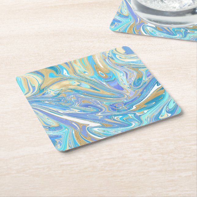 Porta-copo De Papel Quadrado Água pearlescente e Dourado mármore líquido (Inclinado)