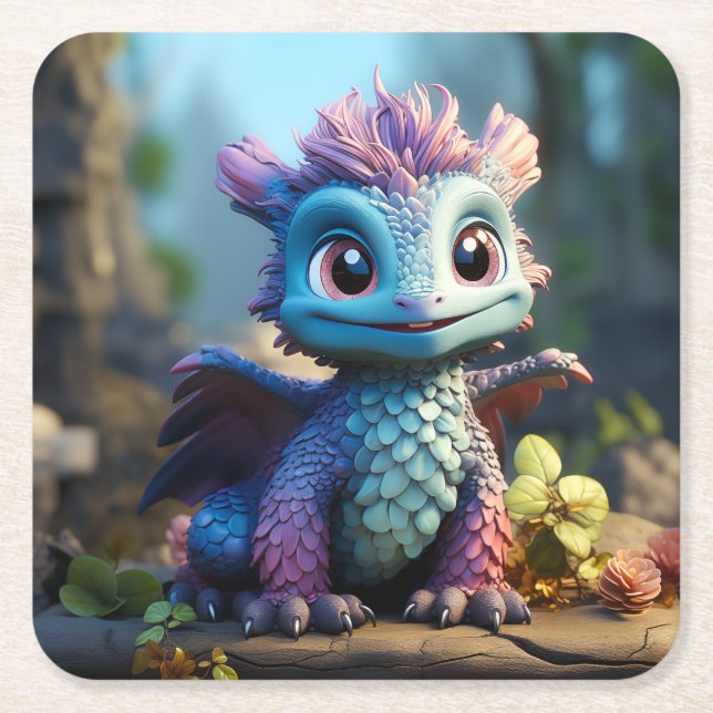 Porta-copo De Papel Quadrado Aiden, um Dragão Whimsical (Frente)