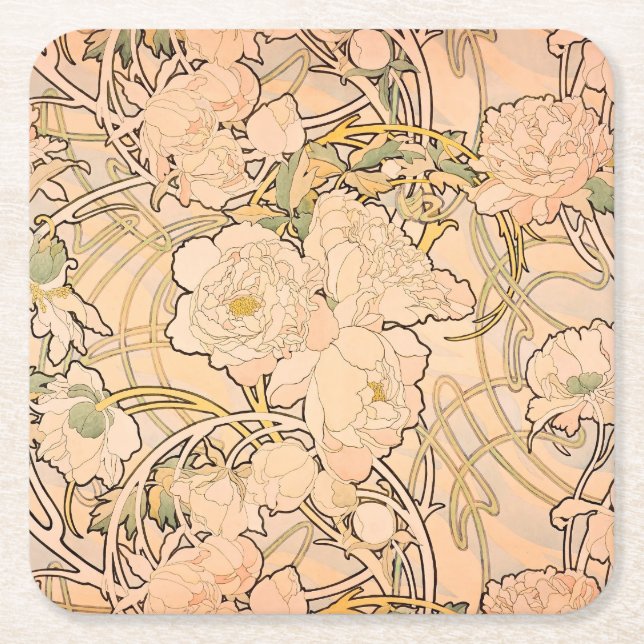 Porta-copo De Papel Quadrado Alfonse Mucha Art Nouveau Peonies (Frente)