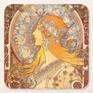 Porta-copo De Papel Quadrado Alfonse Mucha Zodiac Art Nouveau Mulher