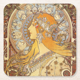 Porta-copo De Papel Quadrado Alfonse Mucha Zodíaco Arte Nova Mulher