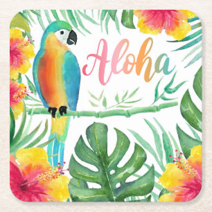 Porta-copo De Papel Quadrado Aloha Tropical Parrot Hibiscus Palm