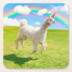 Porta-copo De Papel Quadrado Alpaca Unicorn Sob O Rainbow Sky