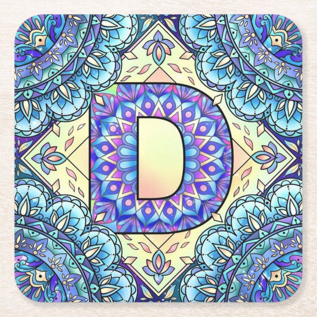 Porta-copo De Papel Quadrado Alphabet D mandala (Frente)