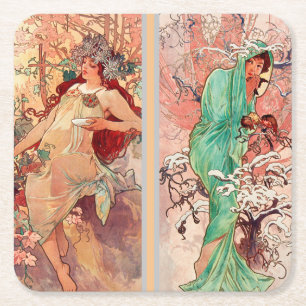 Porta-copo De Papel Quadrado Alphonse Mucha, As Quatro Estações (1896)