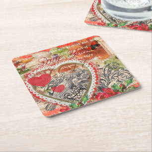 Porta-copo De Papel Quadrado Amar Pássaros Coração Colagem de Arte Vermelha