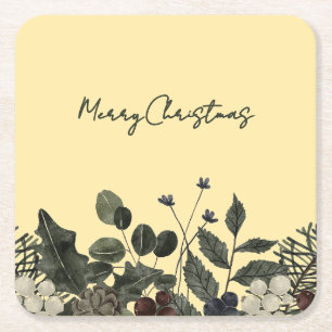 Porta-copo De Papel Quadrado Amarelo Manteiga & Verde Escuro Floral Feliz Natal