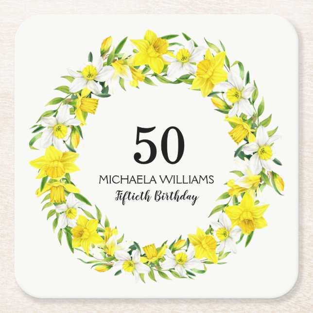 Porta-copo De Papel Quadrado Amarelo White Daffodil Wreath 50th Birthday (Frente)
