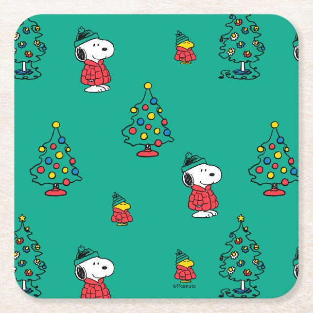 Porta-copo De Papel Quadrado Amendoins | Padrão de Natal de Snoopy & Woodstock (Frente)