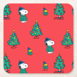 Porta-copo De Papel Quadrado Amendoins Padrão de Natal Vermelho de Snoopy & W