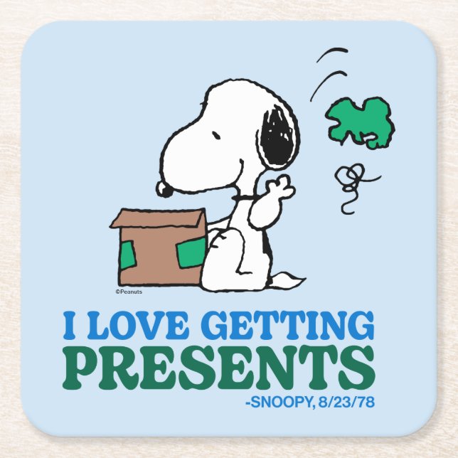 Porta-copo De Papel Quadrado Amendoins | Snoopy I Love Getting Present (Frente)