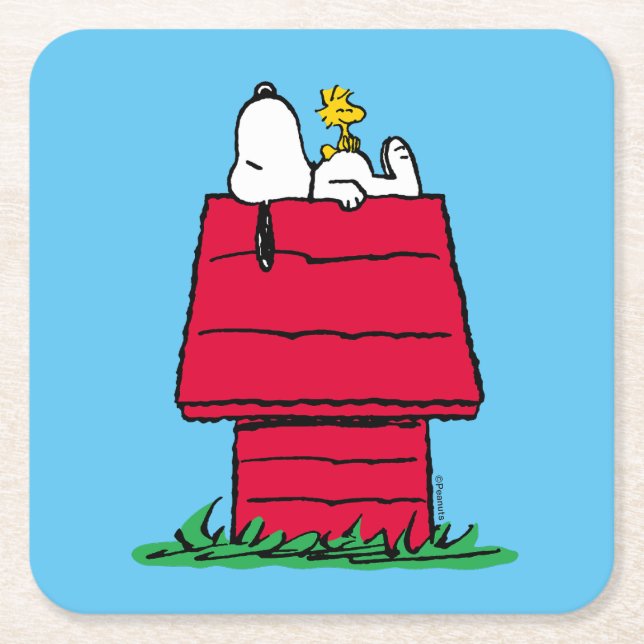 Porta-copo De Papel Quadrado Amendoins | Snoopy & Woodstock Doghouse (Frente)