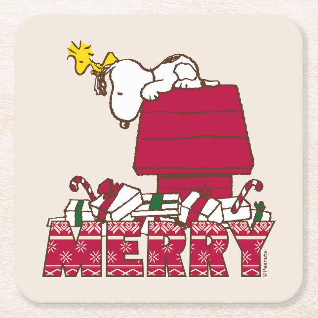 Porta-copo De Papel Quadrado Amendoins | Snoopy & Woodstock Feliz Ugly Sweater (Frente)