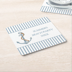 Porta-copo De Papel Quadrado Âncora Azul Vintage com Corda Personalizada