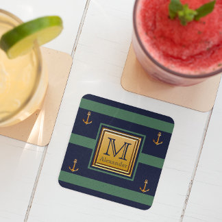 Porta-copo De Papel Quadrado Âncora Moderna Náutica Azul Dourado Verde Monogram