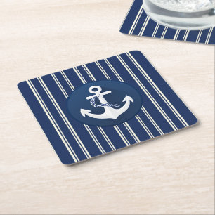 Porta-copo De Papel Quadrado Âncora Símbolo Náutico Branco Azul Marinho