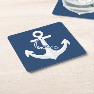 Porta-copo De Papel Quadrado Âncora Símbolo Náutico Clássico Branco Azul Marinh