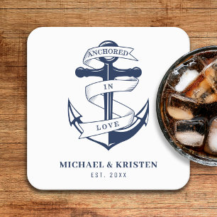 Porta-copo De Papel Quadrado Ancorado no Casamento de Âncora Náutica Branca