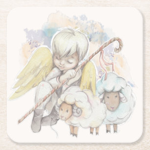 Porta-copo De Papel Quadrado Angel Shepherd de Natal com Lambs