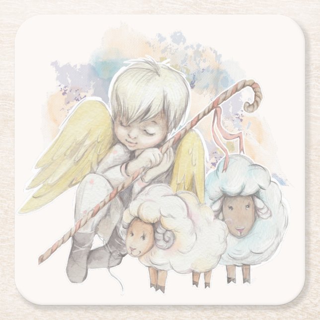 Porta-copo De Papel Quadrado Angel Shepherd de Natal com Lambs (Frente)