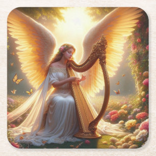 Porta-copo De Papel Quadrado Angel Tocando uma Harpa com Flores e Borboletas