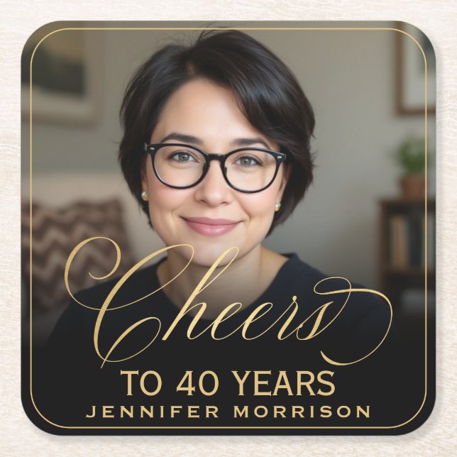 Porta-copo De Papel Quadrado Anima 40 anos Foto de aniversário Dourada Preto (Frente)