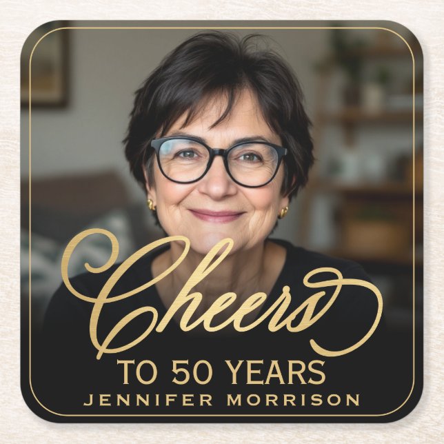 Porta-copo De Papel Quadrado Anima 50 anos Foto Dourada de aniversário (Frente)