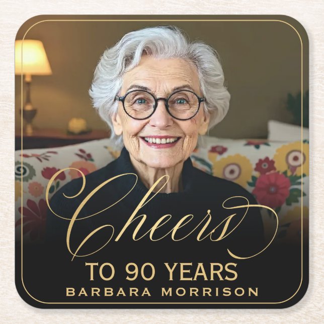 Porta-copo De Papel Quadrado Anima 90 anos Foto Dourada de aniversário (Frente)
