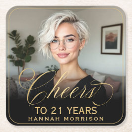 Porta-copo De Papel Quadrado Anima-se a 21 anos Foto de aniversário Dourada Pre